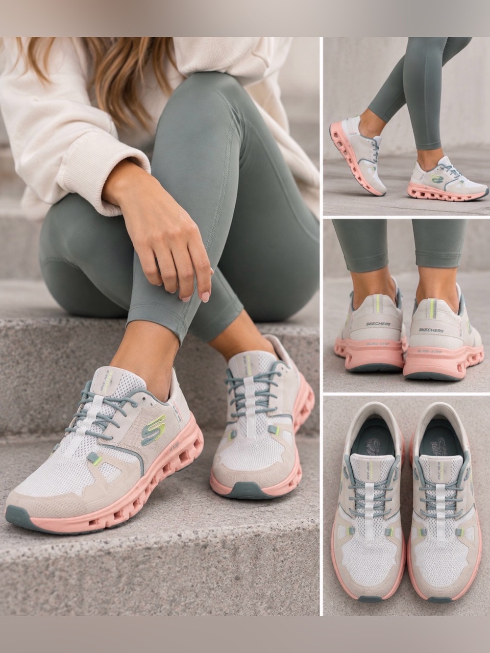 Skechers Glide-Step Sneakers Cream Pink Teal Women’s Athletic Shoes size 8